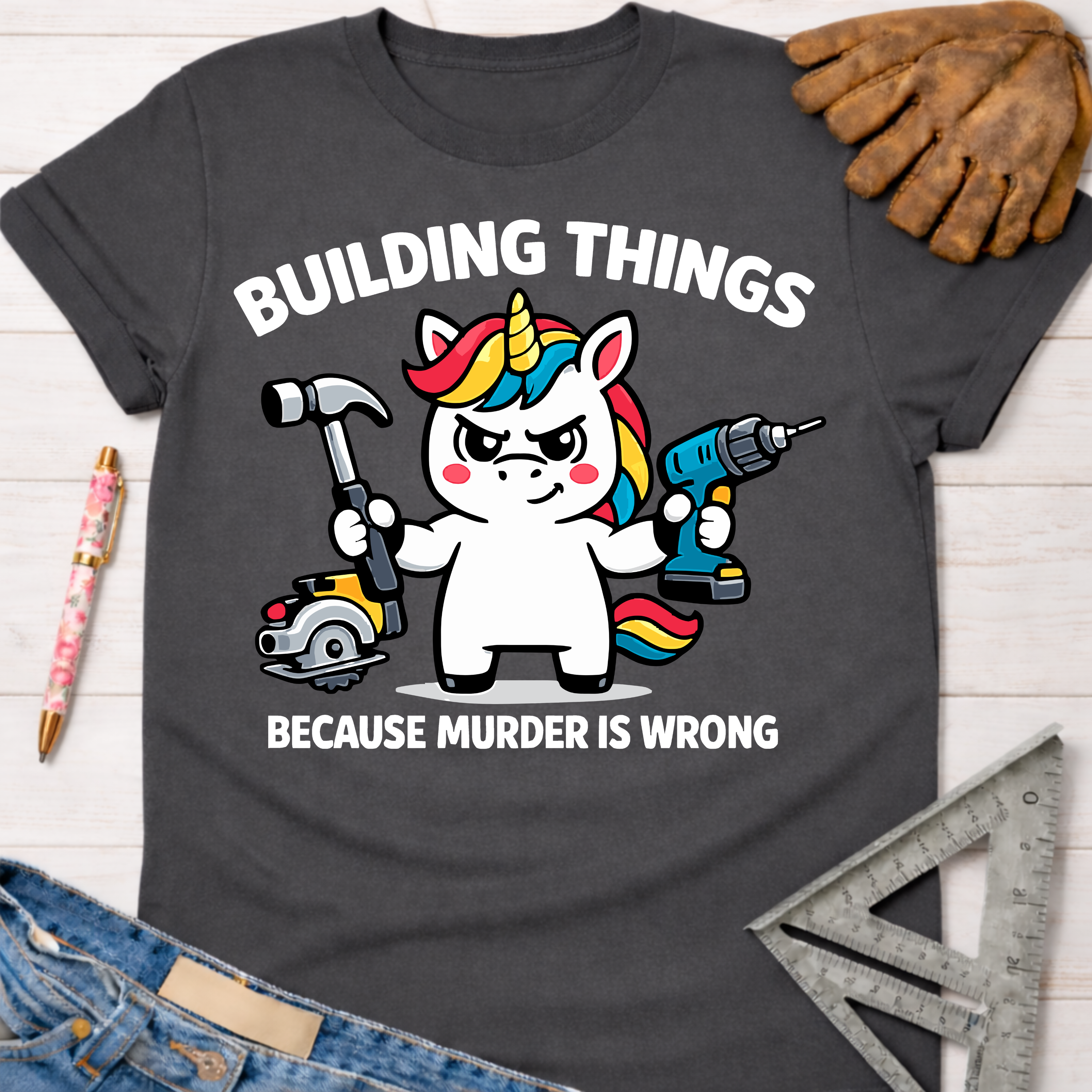 Women's funny woodworking graphic tee shirt for female woodworkers, makers, and DIY builders — Sawdust & Ponytails. Dark gray cotton tee with a cartoon unicorn holding a hammer, drill, and saw, text reads "BUILDING THINGS BECAUSE MURDER IS WRONG".