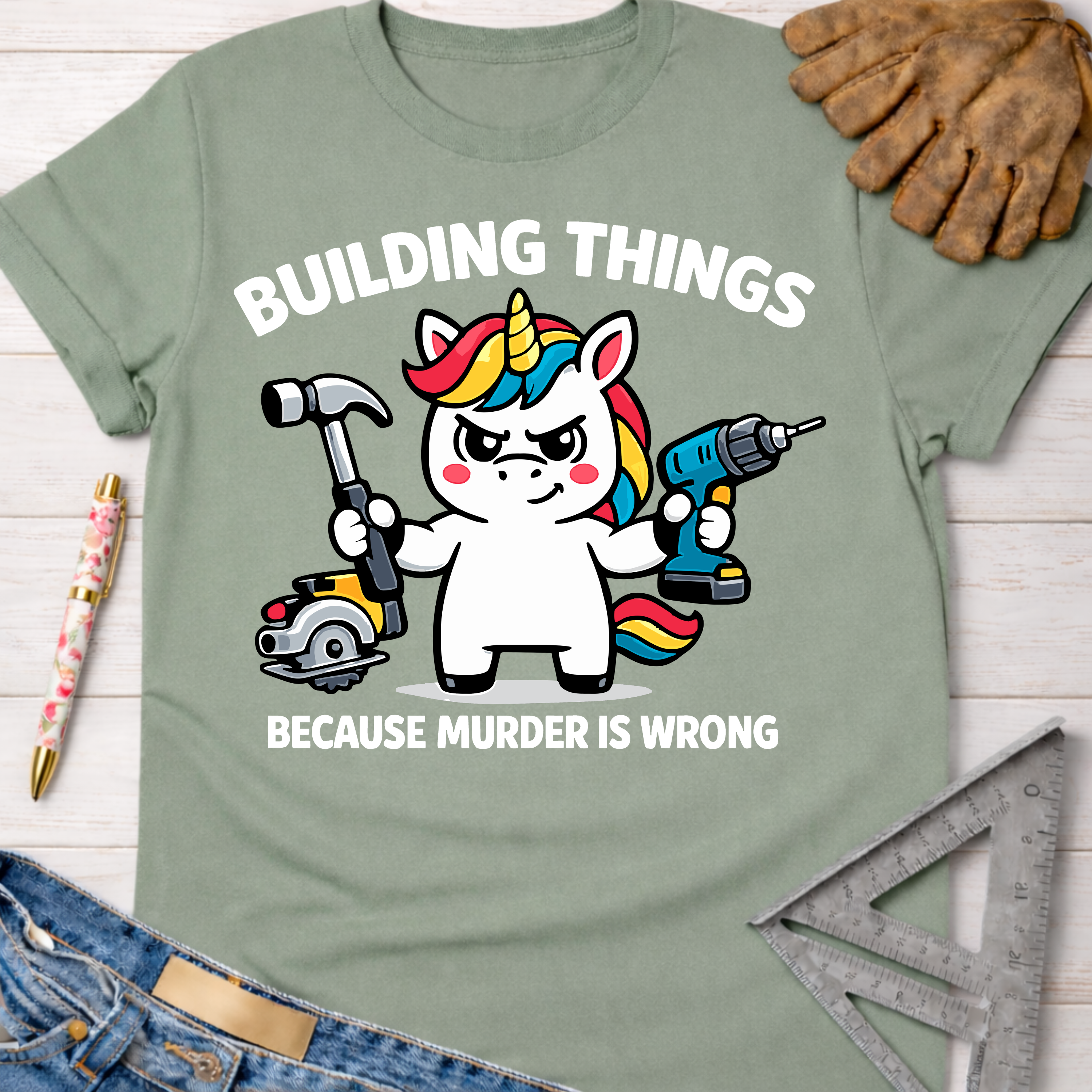 Women's funny woodworking graphic tee shirt for female woodworkers, makers, and DIY builders — Sawdust & Ponytails. Light green cotton t-shirt with a cartoon unicorn holding a hammer and power drill, "BUILDING THINGS BECAUSE MURDER IS WRONG" text.