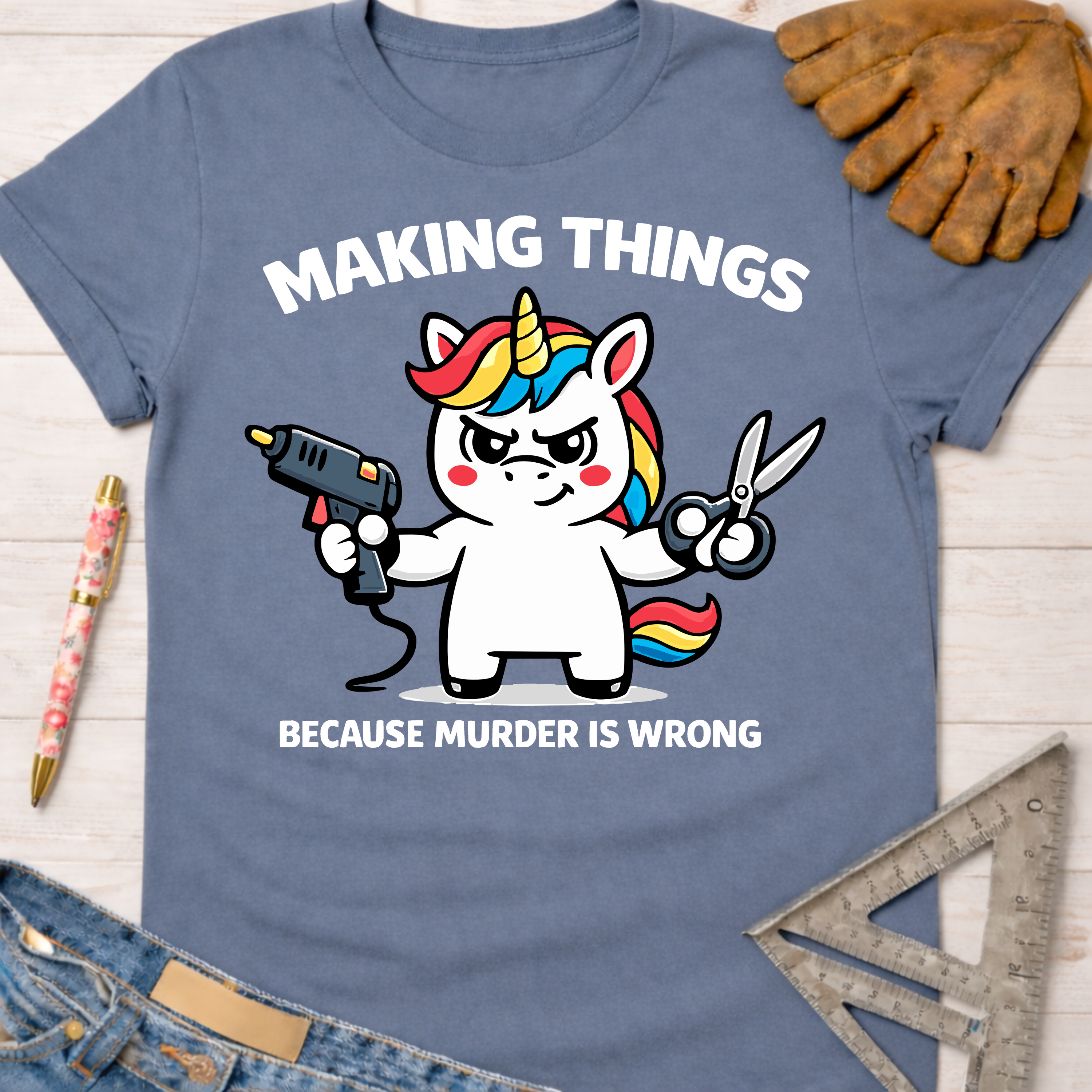 Women's funny woodworking graphic tee shirt for female woodworkers, makers, and DIY builders — Sawdust & Ponytails. Blue cotton tee with a unicorn holding a glue gun and scissors.