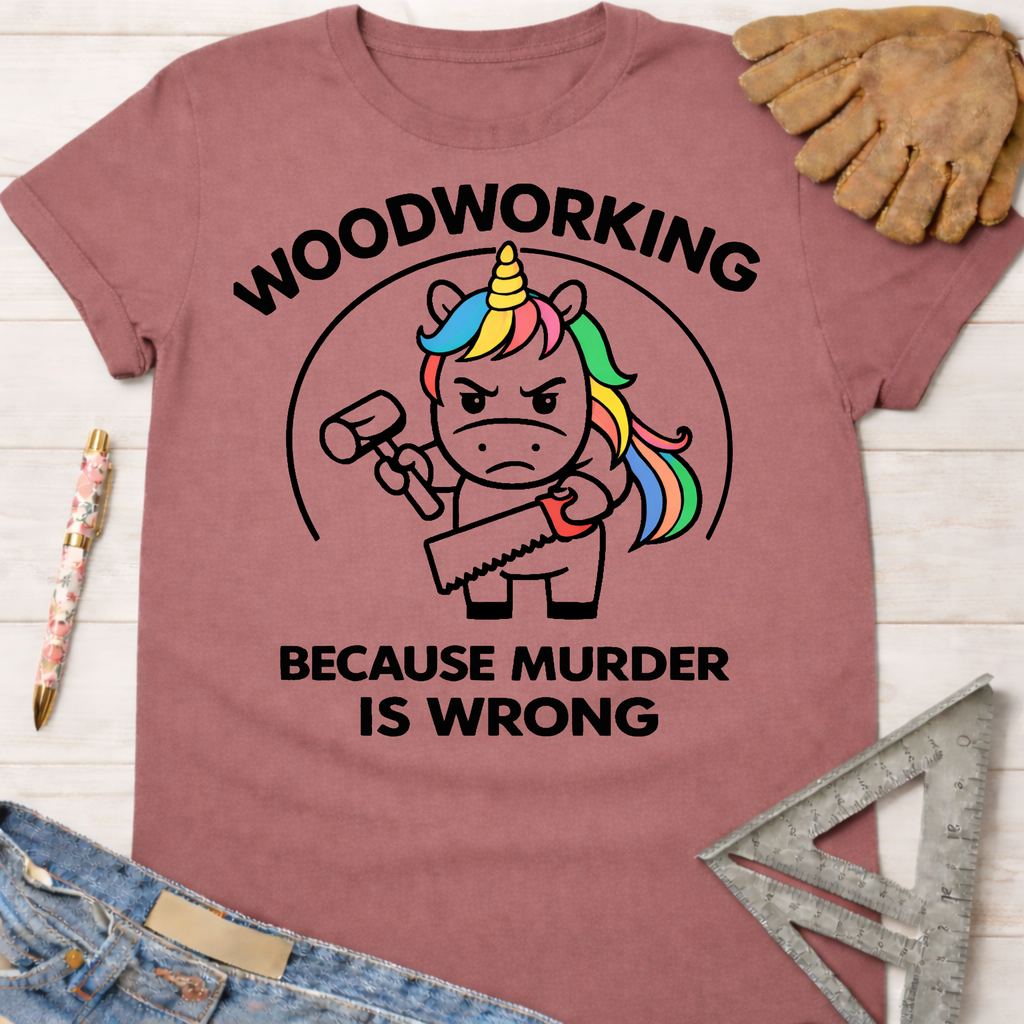 Women's funny woodworking graphic tee shirt for female woodworkers, makers, and DIY builders — Sawdust & Ponytails. Mauve t-shirt with a "Murderous Unicorn" holding a hammer and saw, text "WOODWORKING BECAUSE MURDER IS WRONG".