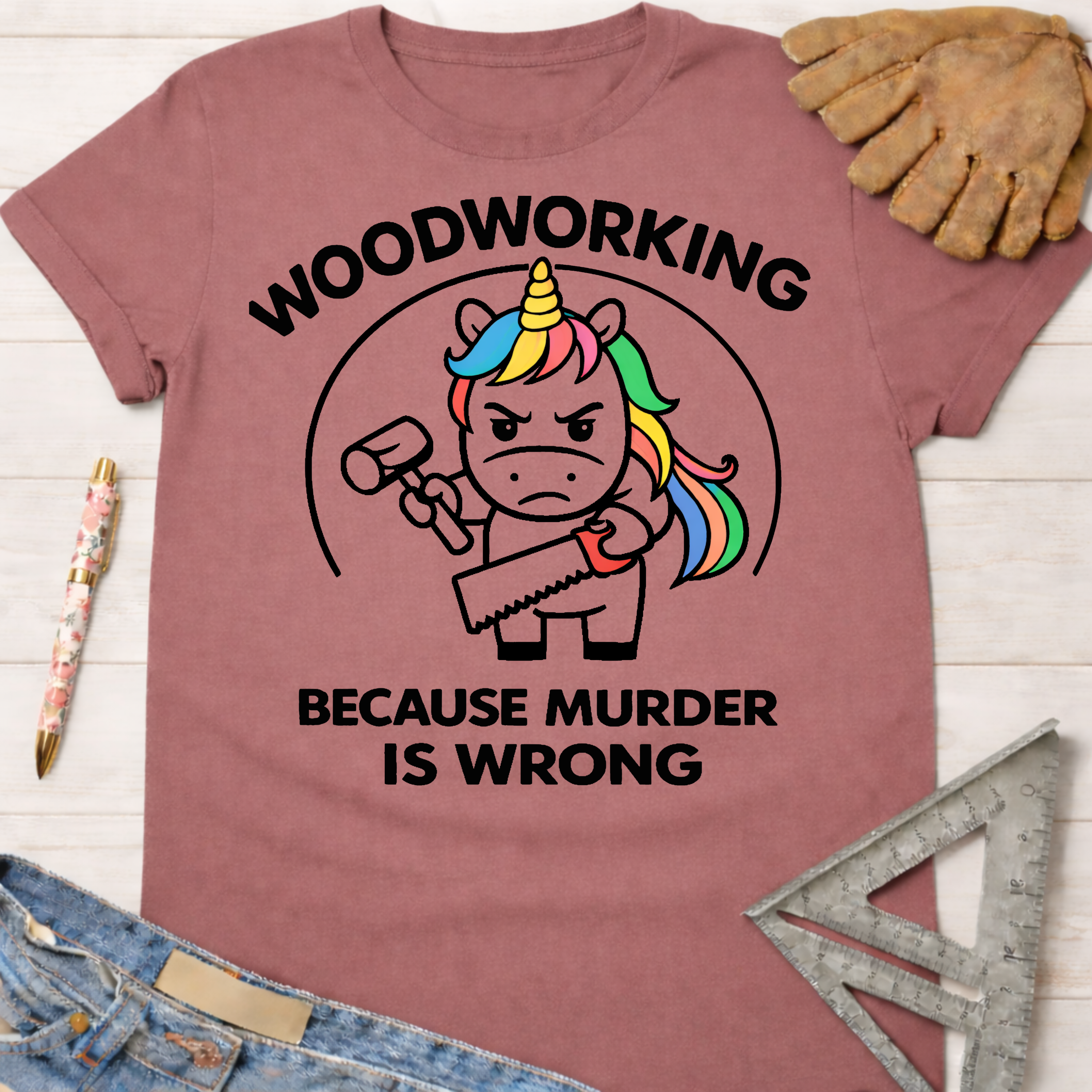 Women's funny woodworking graphic tee shirt for female woodworkers, makers, and DIY builders — Sawdust & Ponytails. Mauve t-shirt with a "Murderous Unicorn" holding a hammer and saw, text "WOODWORKING BECAUSE MURDER IS WRONG".