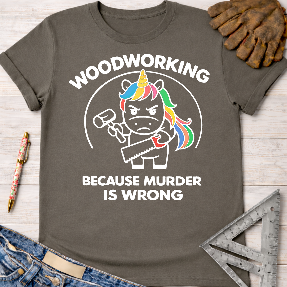 Women's funny woodworking graphic tee shirt for female woodworkers, makers, and DIY builders — Sawdust & Ponytails. Dark gray t-shirt with a "Murderous Unicorn" holding a mallet and saw, text reads "WOODWORKING BECAUSE MURDER IS WRONG.