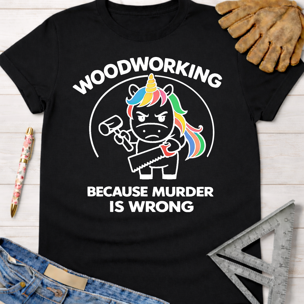 Black cotton tee with "Woodworking Because Murder Is Wrong" and a rainbow-maned unicorn holding a hammer and saw. Women's funny woodworking graphic tee shirt for female woodworkers, makers, and DIY builders — Sawdust & Ponytails