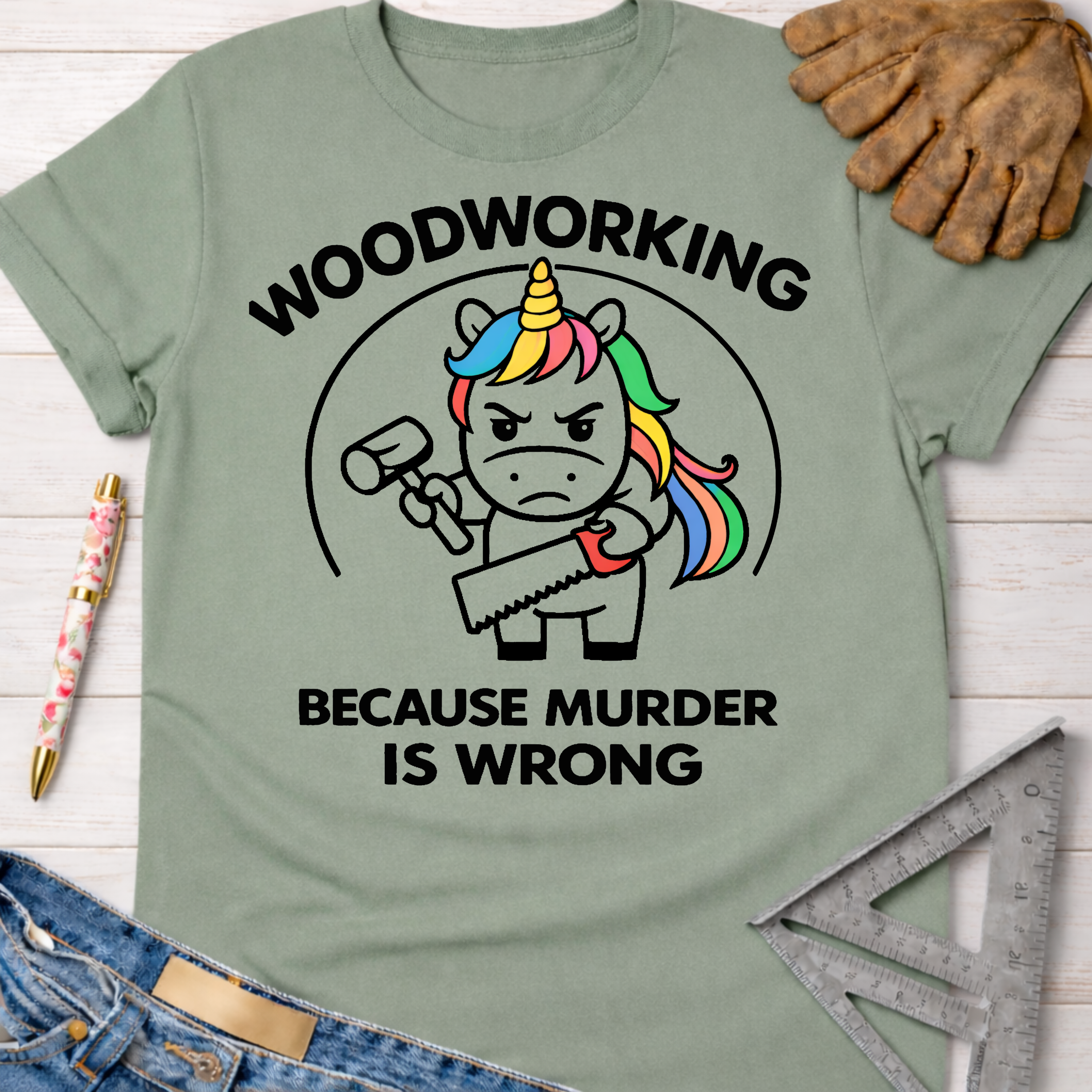 Sage green women's funny woodworking graphic tee shirt for female woodworkers, makers, and DIY builders — Sawdust & Ponytails. It features a murderous unicorn holding a hammer and saw, with the text "Woodworking Because Murder Is Wrong.