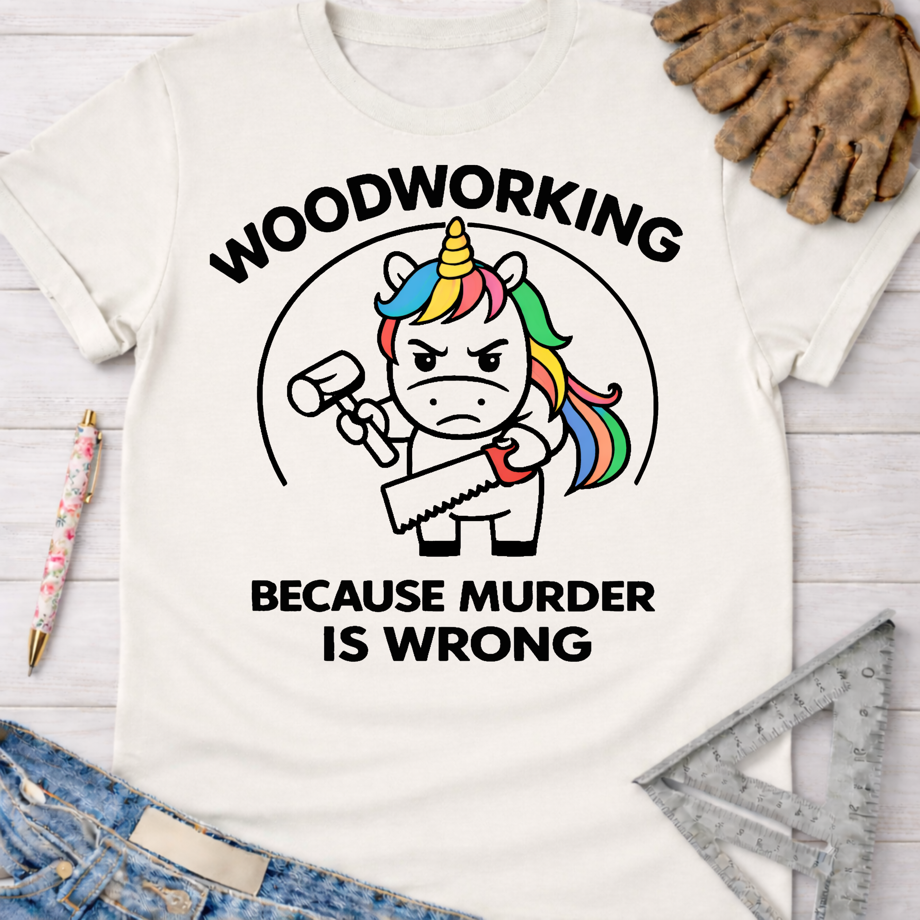 Women's funny woodworking graphic tee shirt for female woodworkers, makers, and DIY builders — Sawdust & Ponytails. White cotton tee with a "Woodworking Because Murder Is Wrong" graphic featuring an angry unicorn holding a hammer and saw.