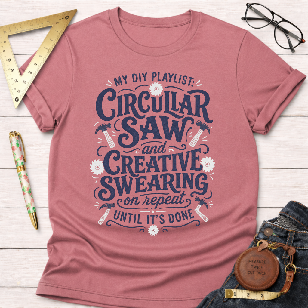 Women's funny woodworking graphic tee shirt for female woodworkers, makers, and DIY builders — Sawdust & Ponytails. Heather mauve t-shirt with "My DIY Playlist: Circular Saw and Creative Swearing on repeat until it's done" graphic.