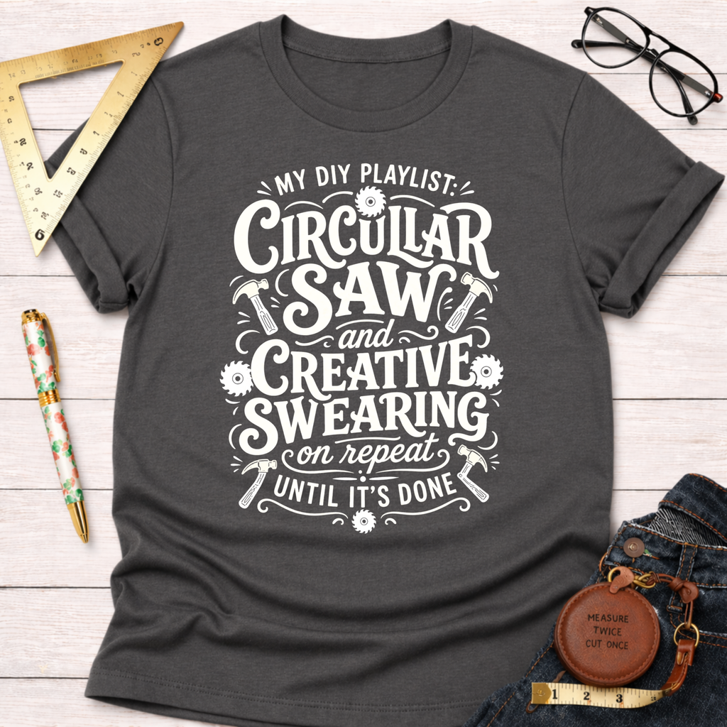 Charcoal gray women's funny woodworking graphic tee with "My DIY Playlist: Circular Saw and Creative Swearing on Repeat Until It's Done" text.