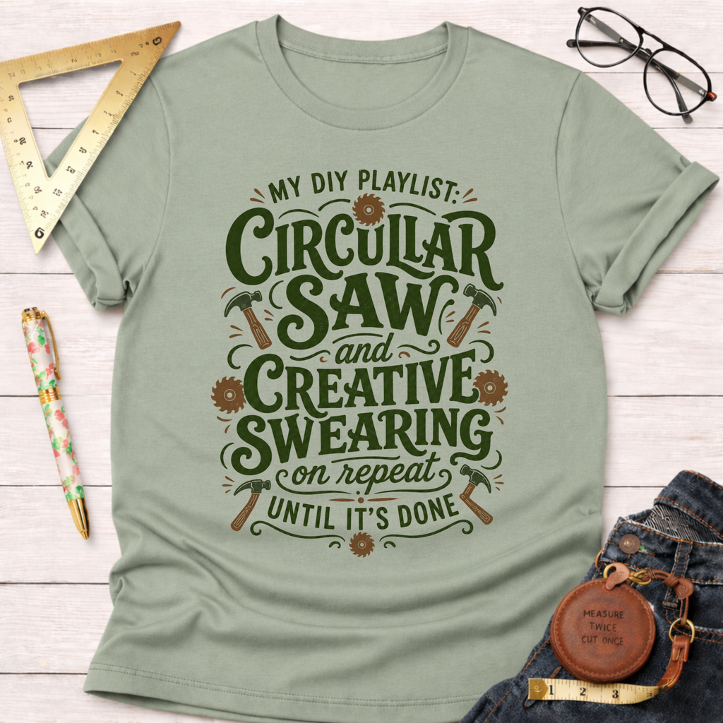 Women's funny woodworking graphic tee shirt for female woodworkers, makers, and DIY builders — Sawdust & Ponytails. Sage green t-shirt with "My DIY Playlist: Circular Saw and Creative Swearing on repeat until it's done" graphic.