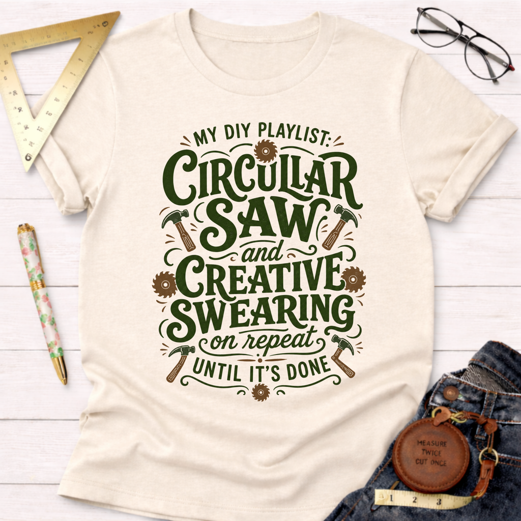 Women's funny woodworking graphic tee shirt for female woodworkers, makers, and DIY builders — Sawdust & Ponytails. Cream t-shirt with "My DIY Playlist: Circular Saw and Creative Swearing on Repeat Until It's Done" in green and brown text, featuring hammers and saw blades.