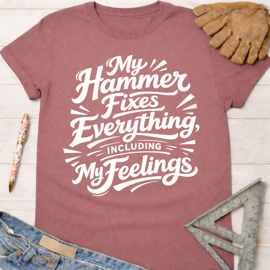 Women's funny woodworking graphic tee shirt for female woodworkers, makers, and DIY builders — Sawdust & Ponytails. Dusty rose t-shirt with "My Hammer Fixes Everything, Including My Feelings" in white script.