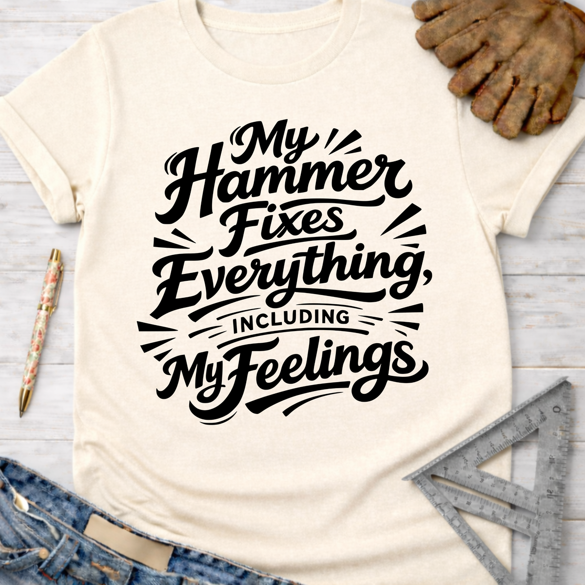 Women's funny woodworking graphic tee shirt for female woodworkers, makers, and DIY builders — Sawdust & Ponytails. Cream t-shirt with "My Hammer Fixes Everything, Including My Feelings" in black script.
