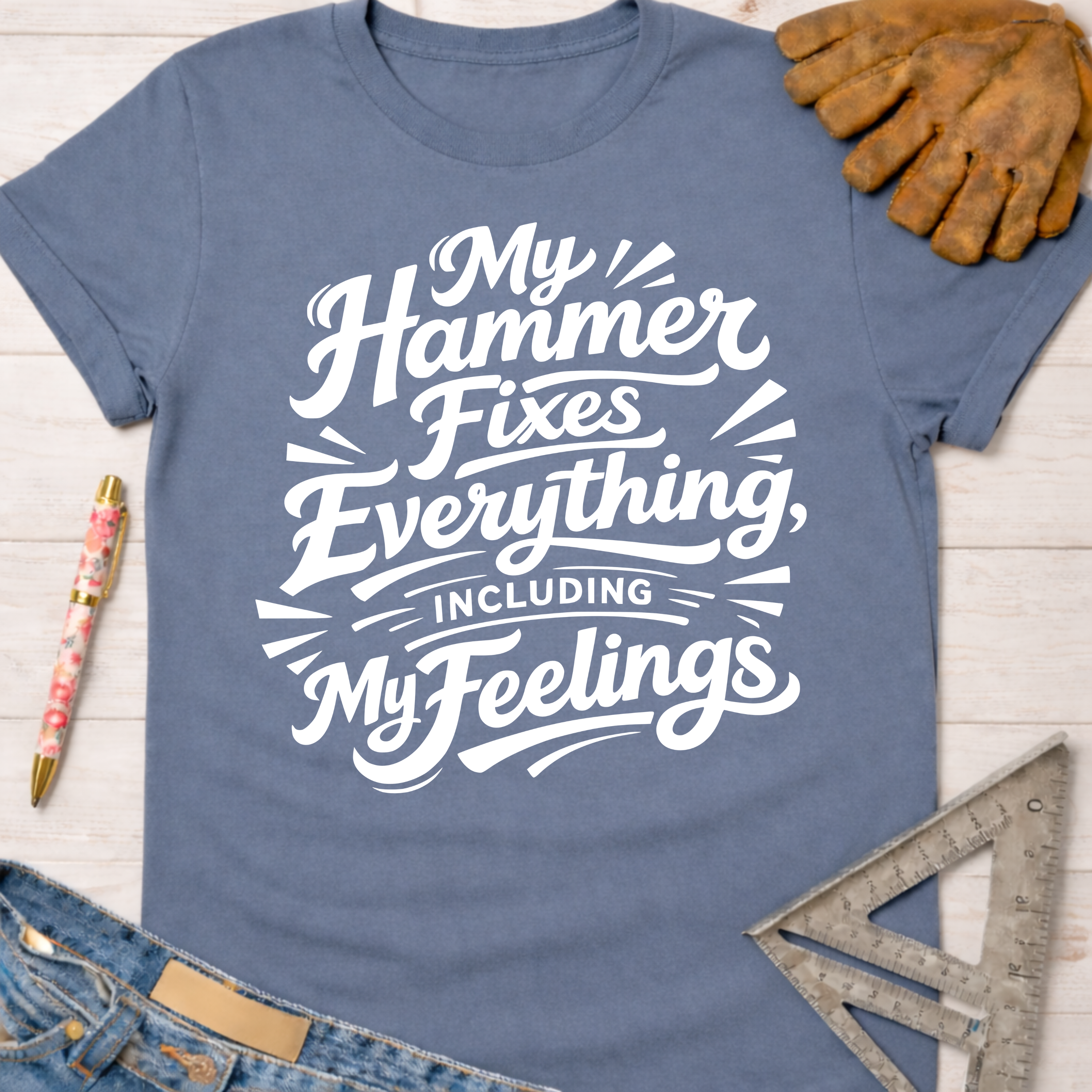 Women's funny woodworking graphic tee shirt for female woodworkers, makers, and DIY builders — Sawdust & Ponytails. Blue cotton tee with "My Hammer Fixes Everything, Including My Feelings" in white script.