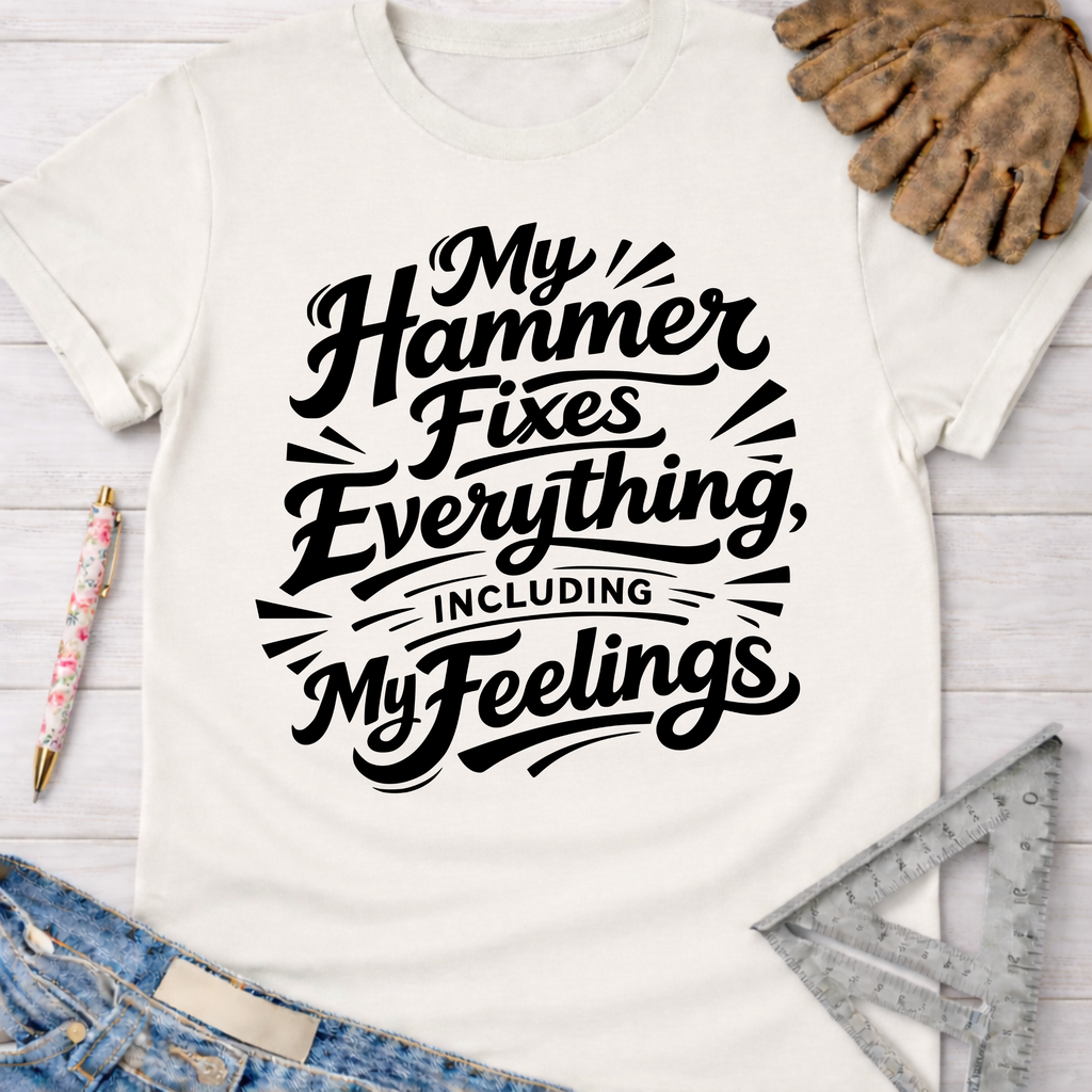 Women's funny woodworking graphic tee shirt for female woodworkers, makers, and DIY builders — Sawdust & Ponytails. Cream t-shirt with "My Hammer Fixes Everything, Including My Feelings" in black script.