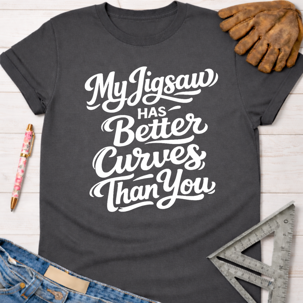 Women's funny woodworking graphic tee shirt for female woodworkers, makers, and DIY builders — Sawdust & Ponytails. Dark gray cotton t-shirt with "My Jigsaw Has Better Curves Than You" in white script.