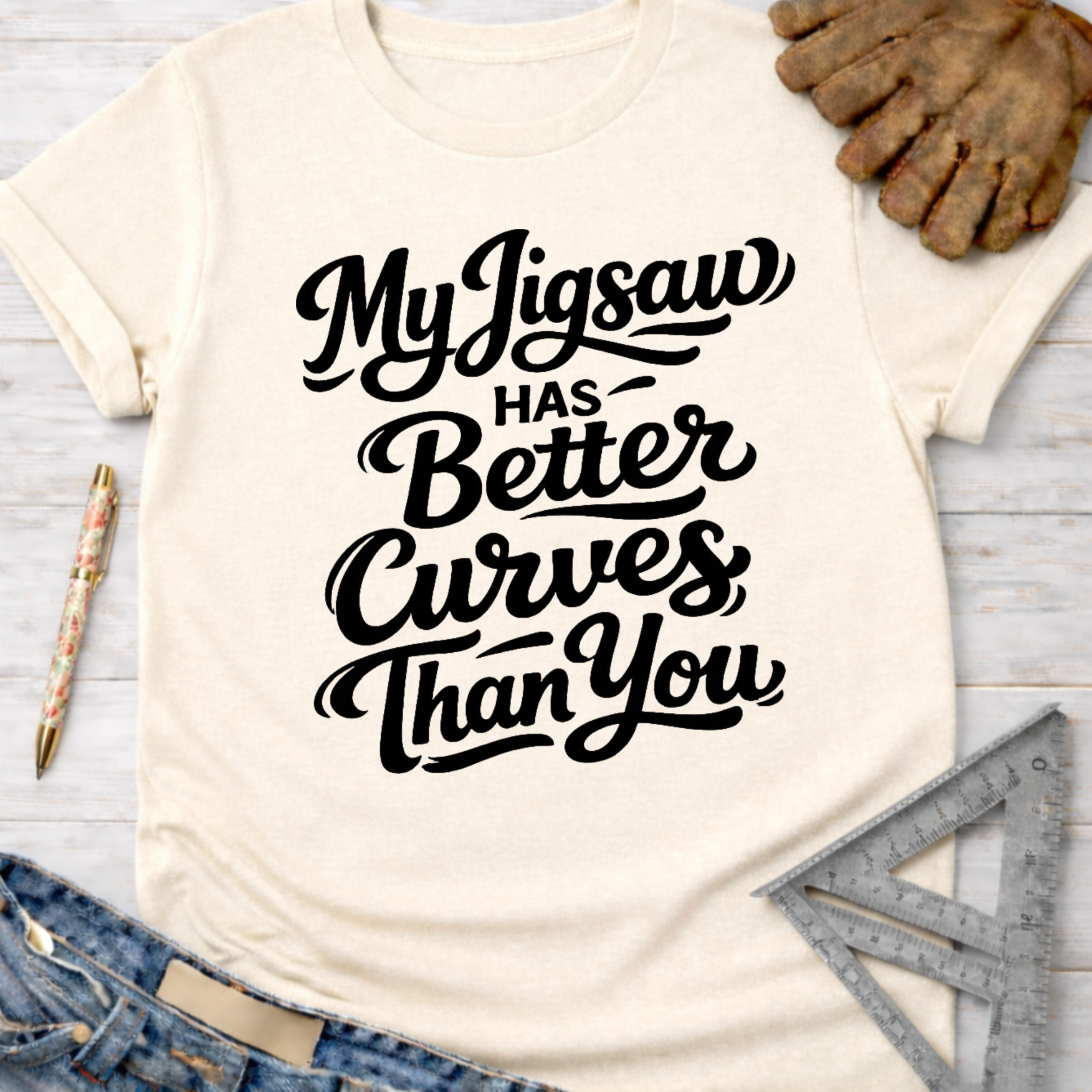 Women's funny woodworking graphic tee shirt for female woodworkers, makers, and DIY builders — Sawdust & Ponytails. Cream t-shirt with "My Jigsaw Has Better Curves Than You" in black script.
