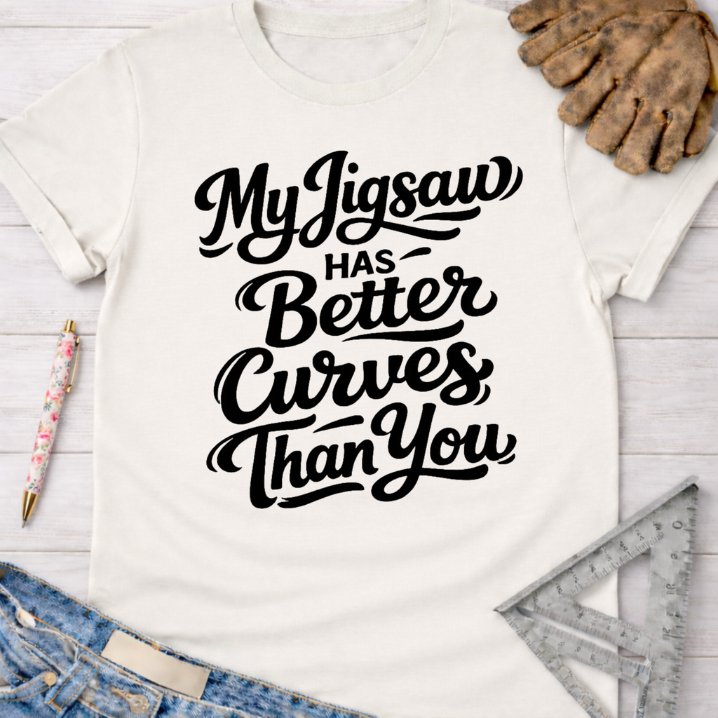 Women's funny woodworking graphic tee shirt for female woodworkers, makers, and DIY builders — Sawdust & Ponytails. White cotton tee with "My Jigsaw Has Better Curves Than You" in black script.