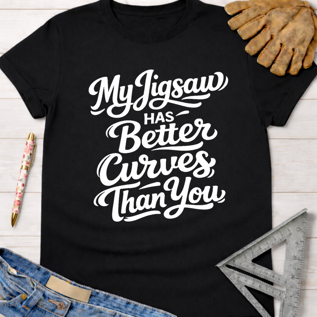 Women's funny woodworking graphic tee shirt for female woodworkers, makers, and DIY builders — Sawdust & Ponytails. Black cotton tee with "My Jigsaw Has Better Curves Than You" in white script.