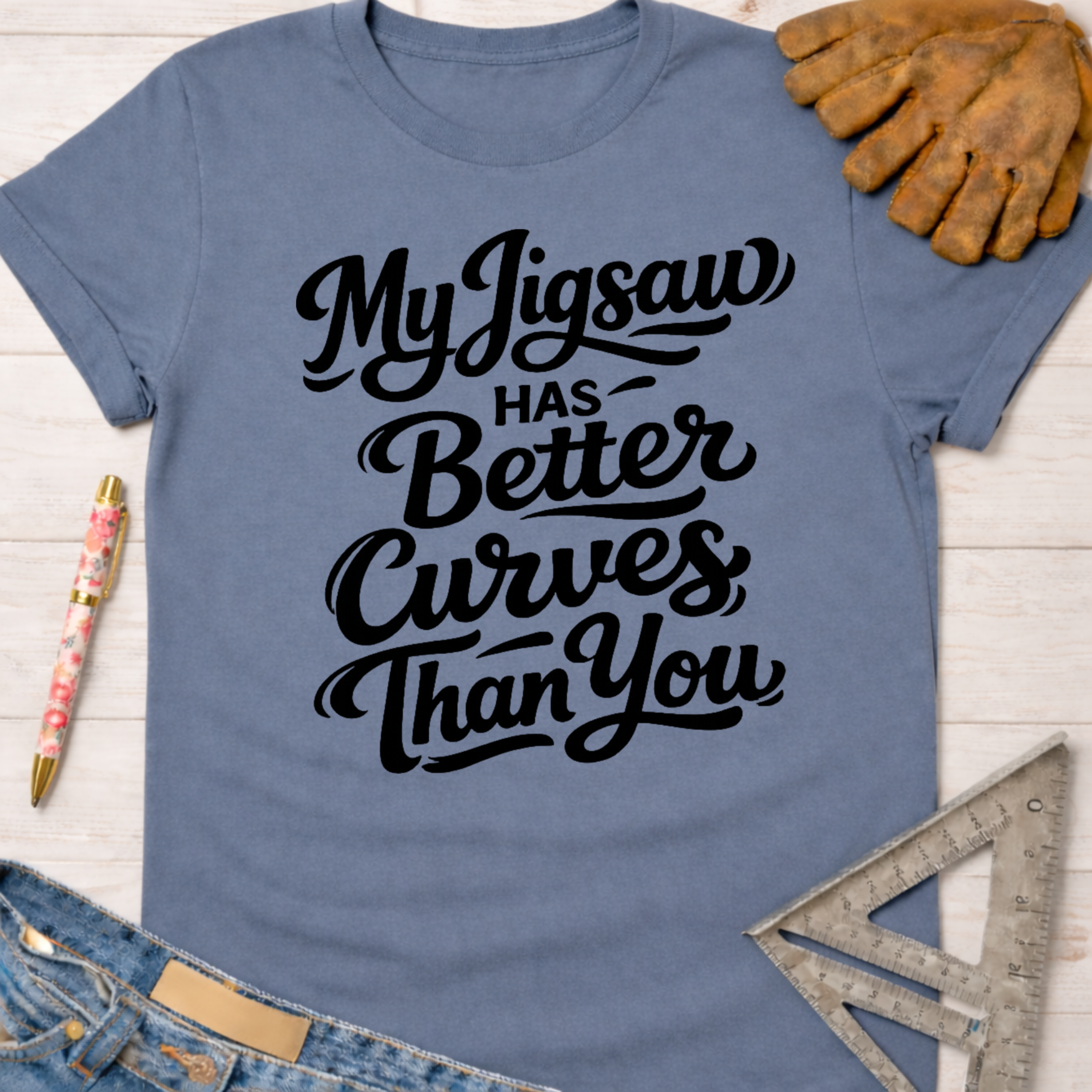 Women's funny woodworking graphic tee shirt for female woodworkers, makers, and DIY builders — Sawdust & Ponytails. Blue cotton tee with "My Jigsaw Has Better Curves Than You" in black script.