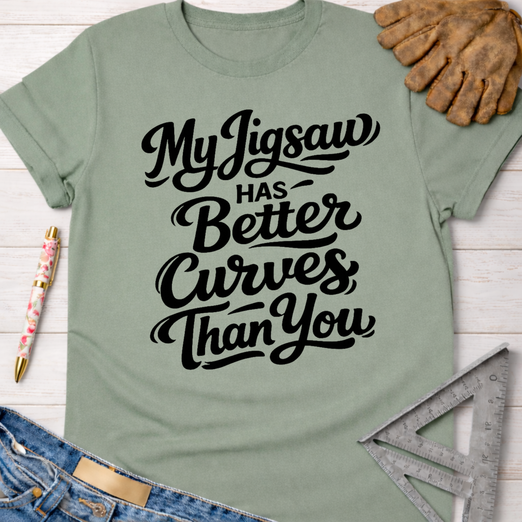 Women's funny woodworking graphic tee shirt for female woodworkers, makers, and DIY builders — Sawdust & Ponytails. Sage green t-shirt with "My Jigsaw Has Better Curves Than You" in black script.
