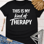 Black cotton "This Is My Kind Of Therapy" graphic tee for women. Women's funny woodworking graphic tee shirt for female woodworkers, makers, and DIY builders — Sawdust & Ponytails