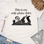 Women's funny woodworking graphic tee shirt for female woodworkers, makers, and DIY builders — Sawdust & Ponytails. White cotton tee with "This is my only plane shirt" text and ornate hand plane graphic.