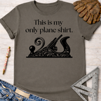 Women's funny woodworking graphic tee shirt for female woodworkers, makers, and DIY builders — Sawdust & Ponytails. Dark gray cotton t-shirt with "This is my only plane shirt" text and a decorative hand plane graphic.