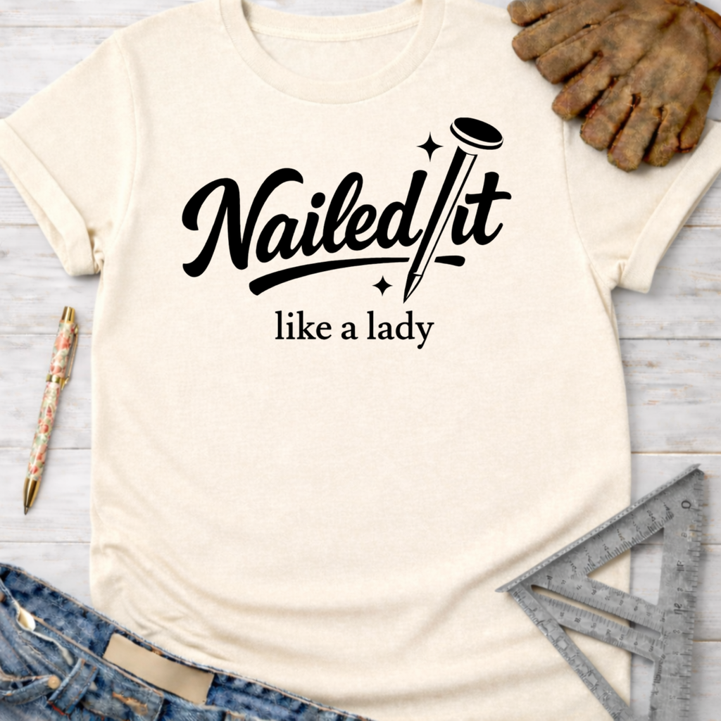 Women's funny woodworking graphic tee shirt for female woodworkers, makers, and DIY builders — Sawdust & Ponytails. Cream t-shirt with "Nailed It like a lady" in black script.