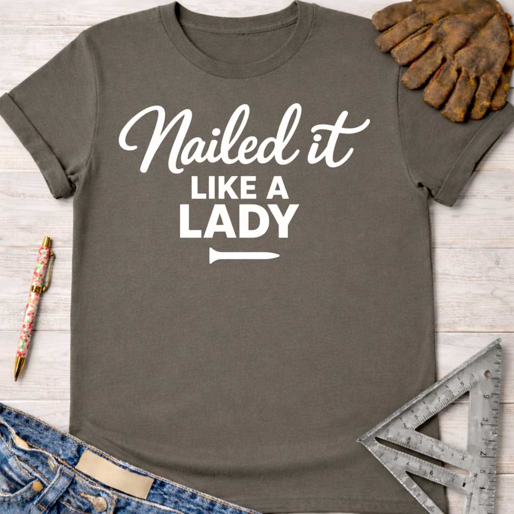 Women's funny woodworking graphic tee shirt for female woodworkers, makers, and DIY builders — Sawdust & Ponytails. Dark gray cotton tee with "Nailed it LIKE A LADY" in white script.