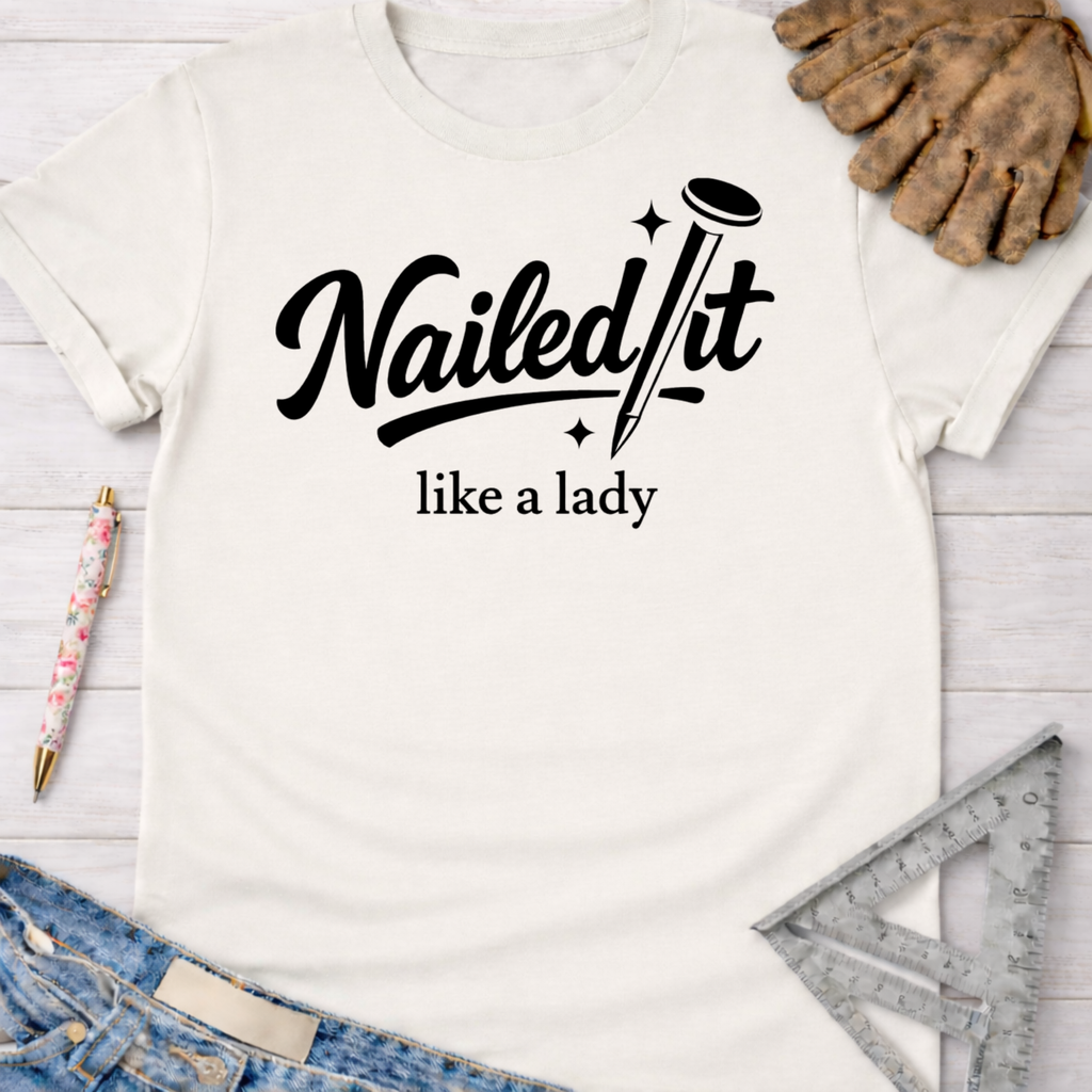 Women's funny woodworking graphic tee shirt for female woodworkers, makers, and DIY builders — Sawdust & Ponytails. White cotton t-shirt with "Nailed It like a lady" in black script, featuring a nail design.