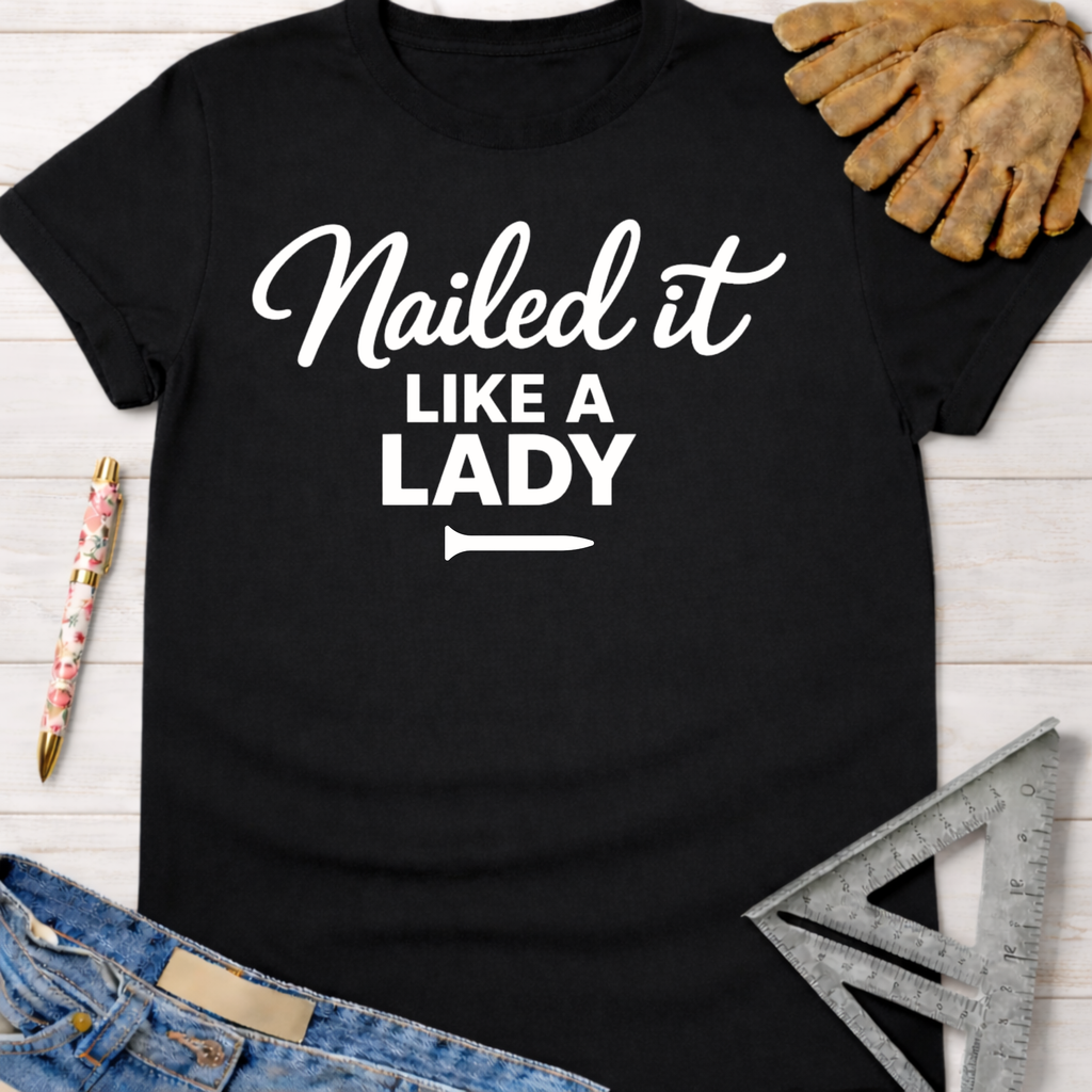 Black cotton tee with "Nailed it LIKE A LADY" graphic. Women's funny woodworking graphic tee shirt for female woodworkers, makers, and DIY builders — Sawdust & Ponytails.