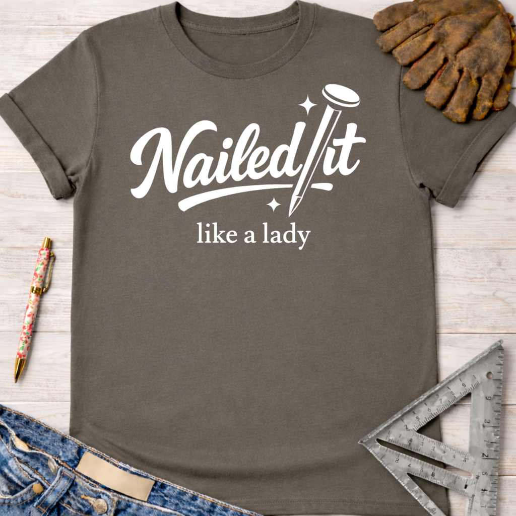Women's funny woodworking graphic tee shirt for female woodworkers, makers, and DIY builders — Sawdust & Ponytails. Dark gray t-shirt with "Nailed It like a lady" in white script, featuring a nail graphic.