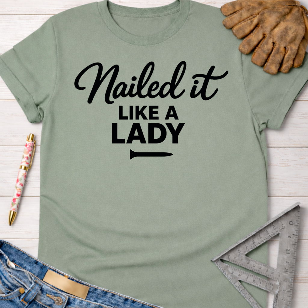 Women's funny woodworking graphic tee shirt for female woodworkers, makers, and DIY builders — Sawdust & Ponytails. Sage green cotton tee with "Nailed it LIKE A LADY" in black script.