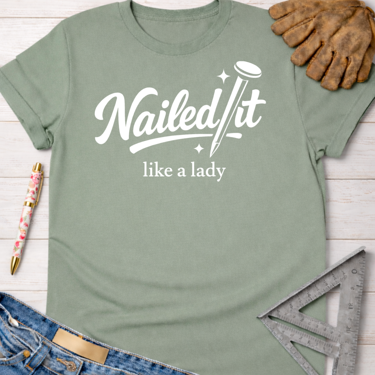 Women's funny woodworking graphic tee shirt for female woodworkers, makers, and DIY builders — Sawdust & Ponytails. Sage green t-shirt with "Nailed it like a lady" in white script.