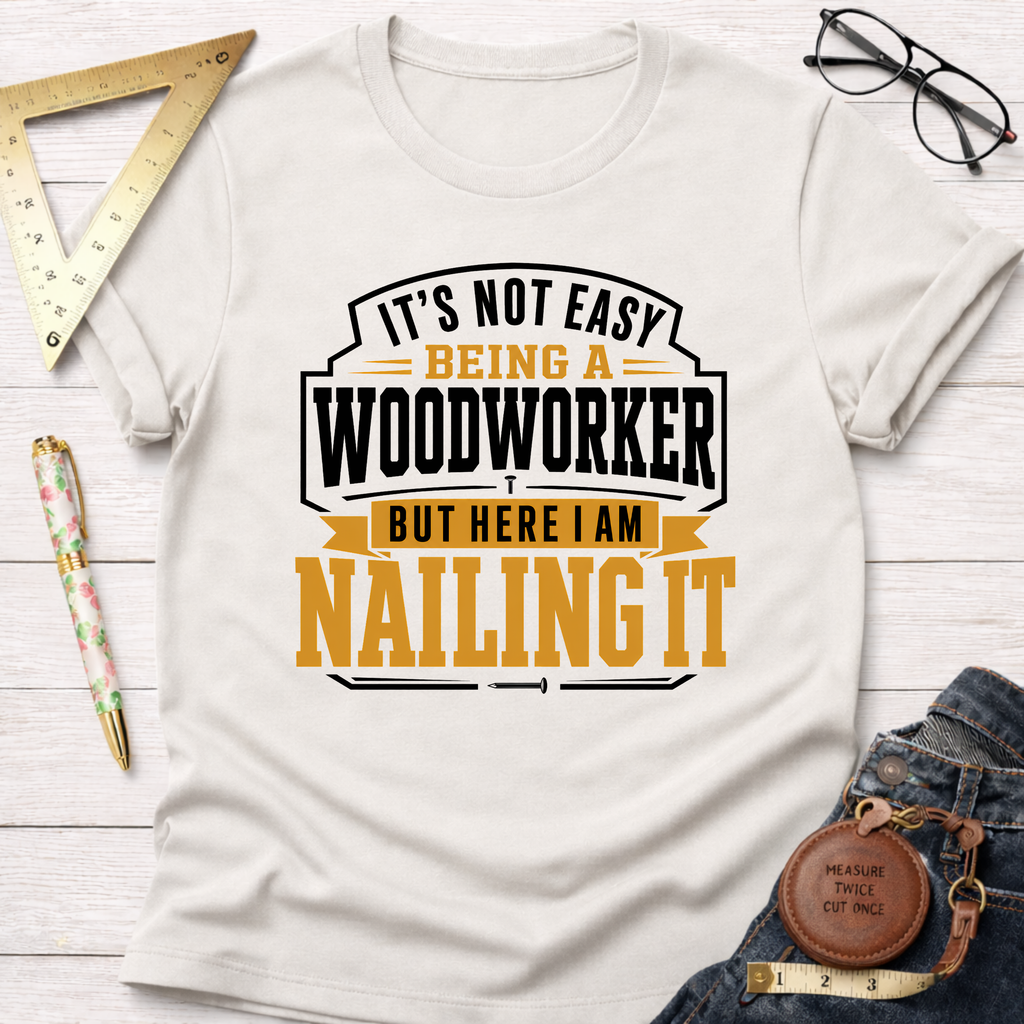 White cotton "Nailing It" t-shirt with black and gold text for woodworkers, surrounded by tools.
