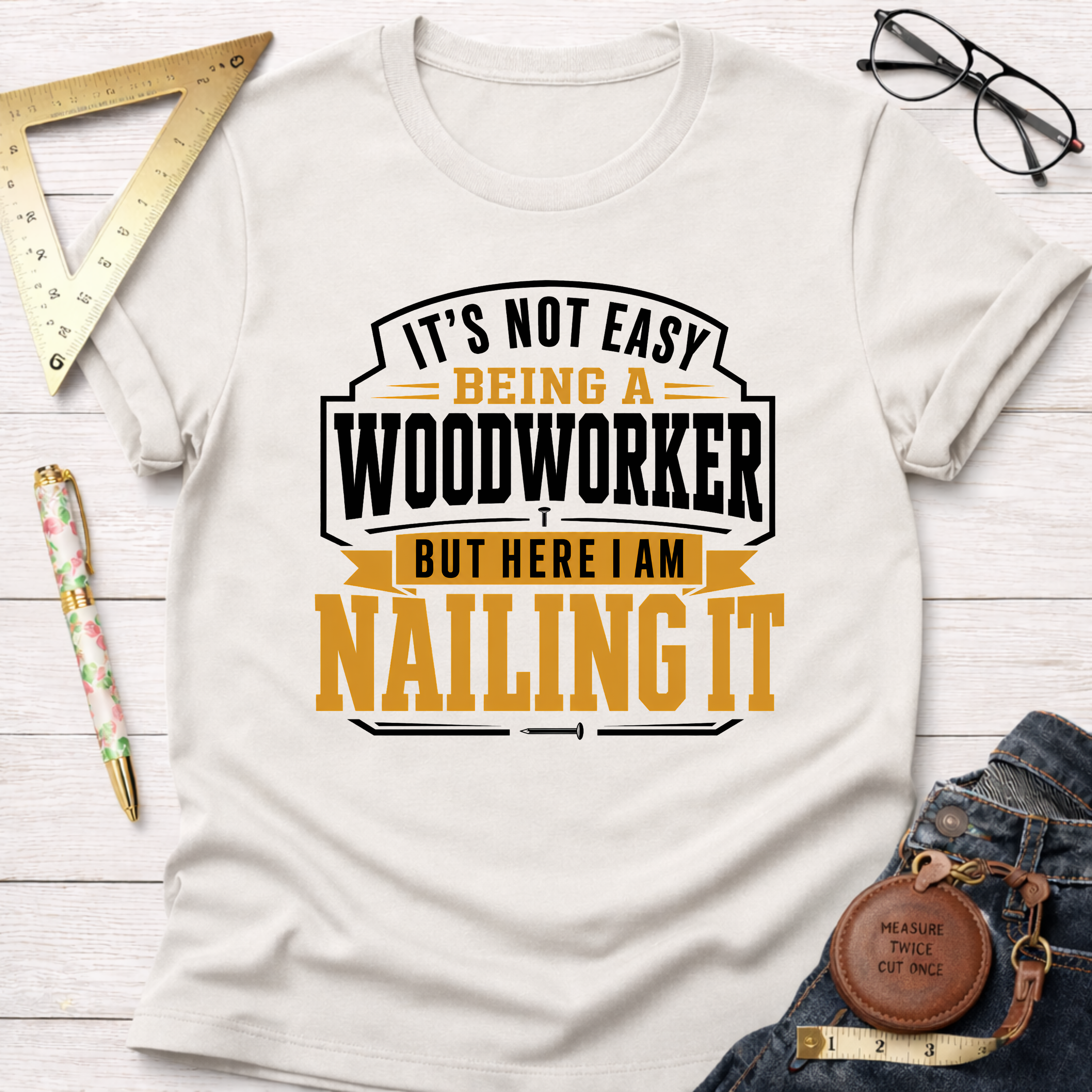 White cotton "Nailing It" t-shirt with black and gold text for woodworkers, surrounded by tools.