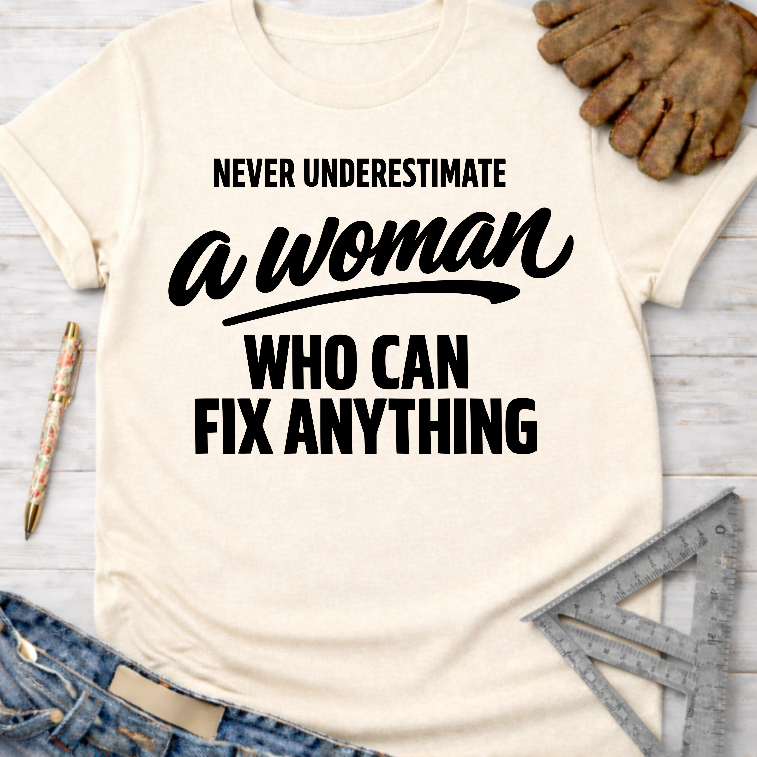 Women's funny woodworking graphic tee shirt for female woodworkers, makers, and DIY builders — Sawdust & Ponytails. Cream t-shirt with "Never Underestimate A Woman Who Can Fix Anything" in black text.