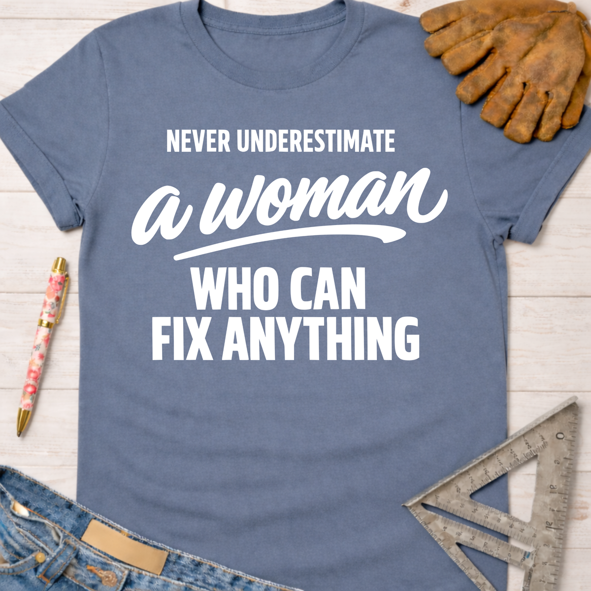 Blue cotton "Never Underestimate A Woman Who Can Fix Anything" graphic tee with work gloves, jeans, and ruler. Women's funny woodworking graphic tee shirt for female woodworkers, makers, and DIY builders — Sawdust & Ponytails.