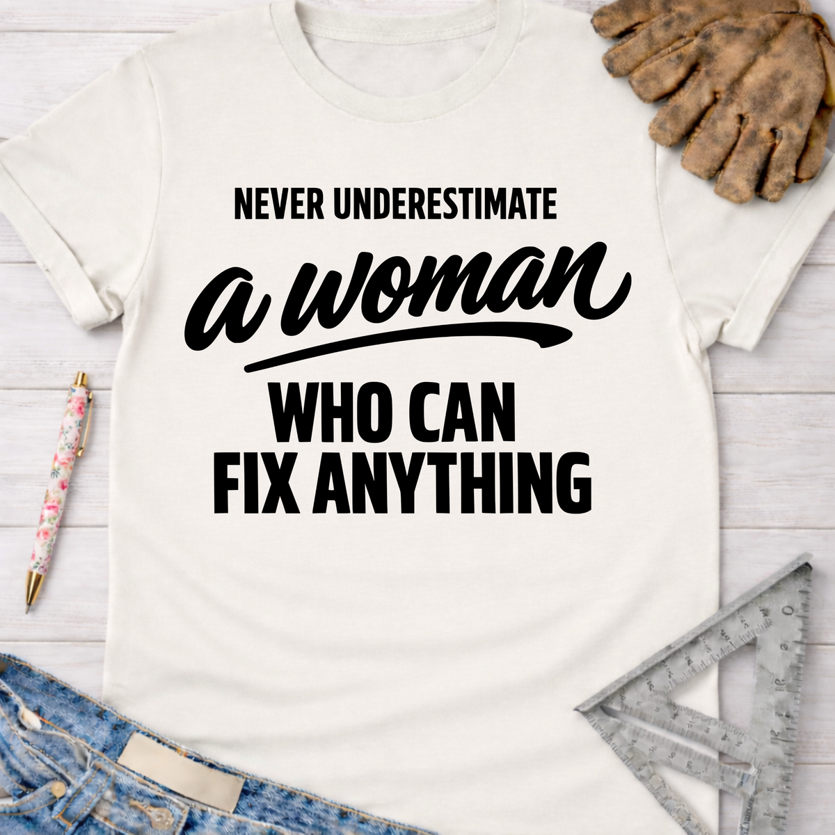 Women's funny woodworking graphic tee shirt for female woodworkers, makers, and DIY builders — Sawdust & Ponytails. White cotton t-shirt with "Never Underestimate a Woman Who Can Fix Anything" in black text.