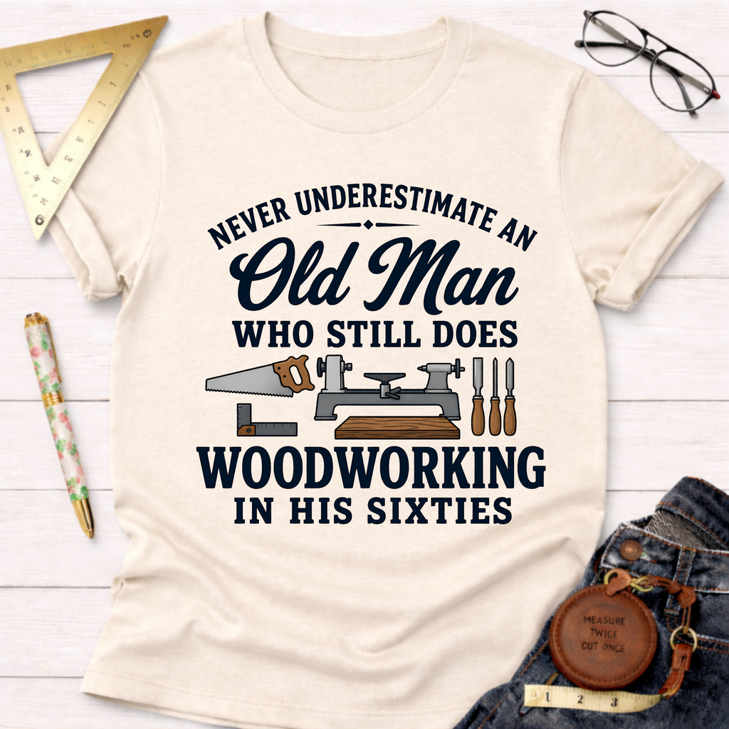 Cream t-shirt with "Never Underestimate An Old Man Who Still Does Woodworking In His Sixties" text and tools graphic.