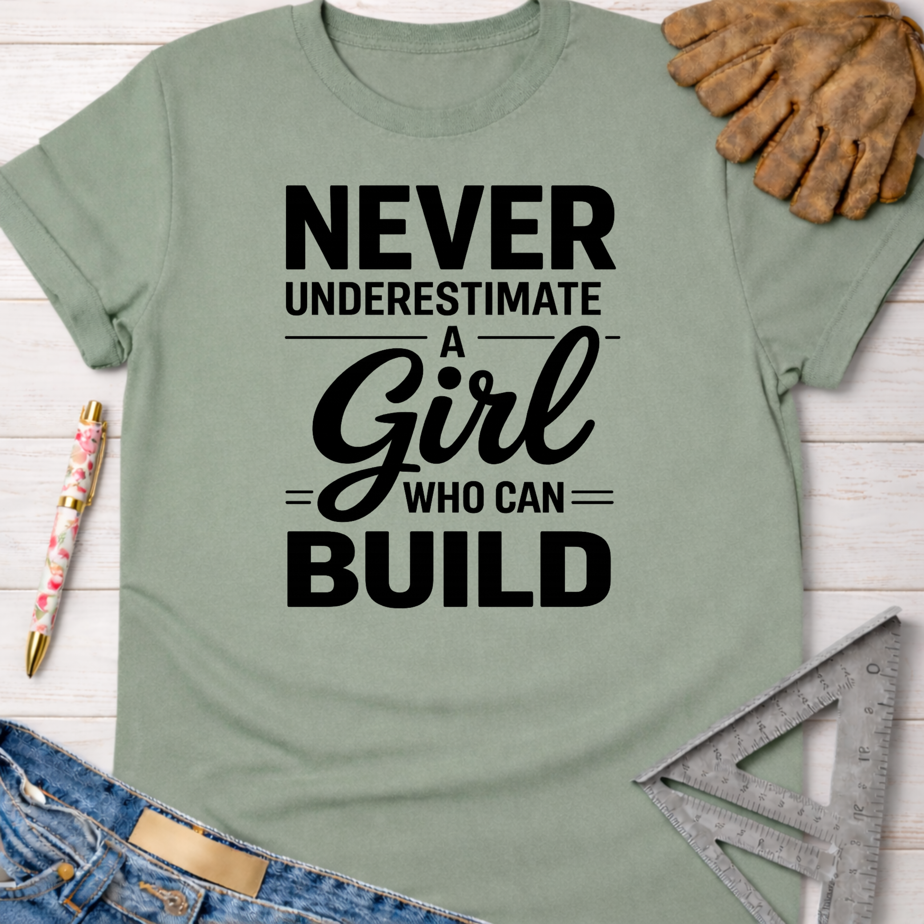 Women's funny woodworking graphic tee shirt for female woodworkers, makers, and DIY builders — Sawdust & Ponytails. Sage green cotton t-shirt with "Never Underestimate A Girl Who Can Build" in black text.