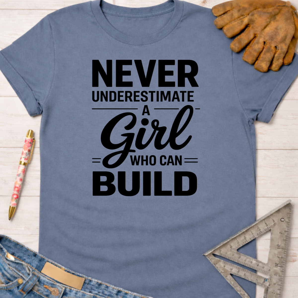 Women's funny woodworking graphic tee shirt for female woodworkers, makers, and DIY builders — Sawdust & Ponytails. Blue cotton t-shirt with "Never Underestimate A Girl Who Can Build" in black text.
