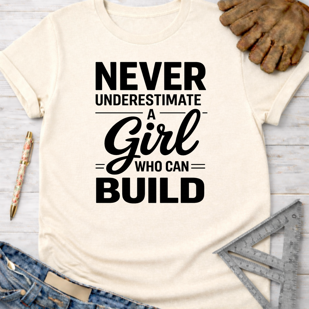 Women's funny woodworking graphic tee shirt for female woodworkers, makers, and DIY builders — Sawdust & Ponytails. Cream t-shirt with "Never Underestimate a Girl Who Can Build" in black text.