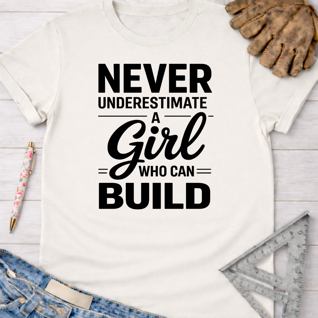 Women's funny woodworking graphic tee shirt for female woodworkers, makers, and DIY builders — Sawdust & Ponytails. White cotton tee with "Never Underestimate a Girl Who Can Build" in black text.
