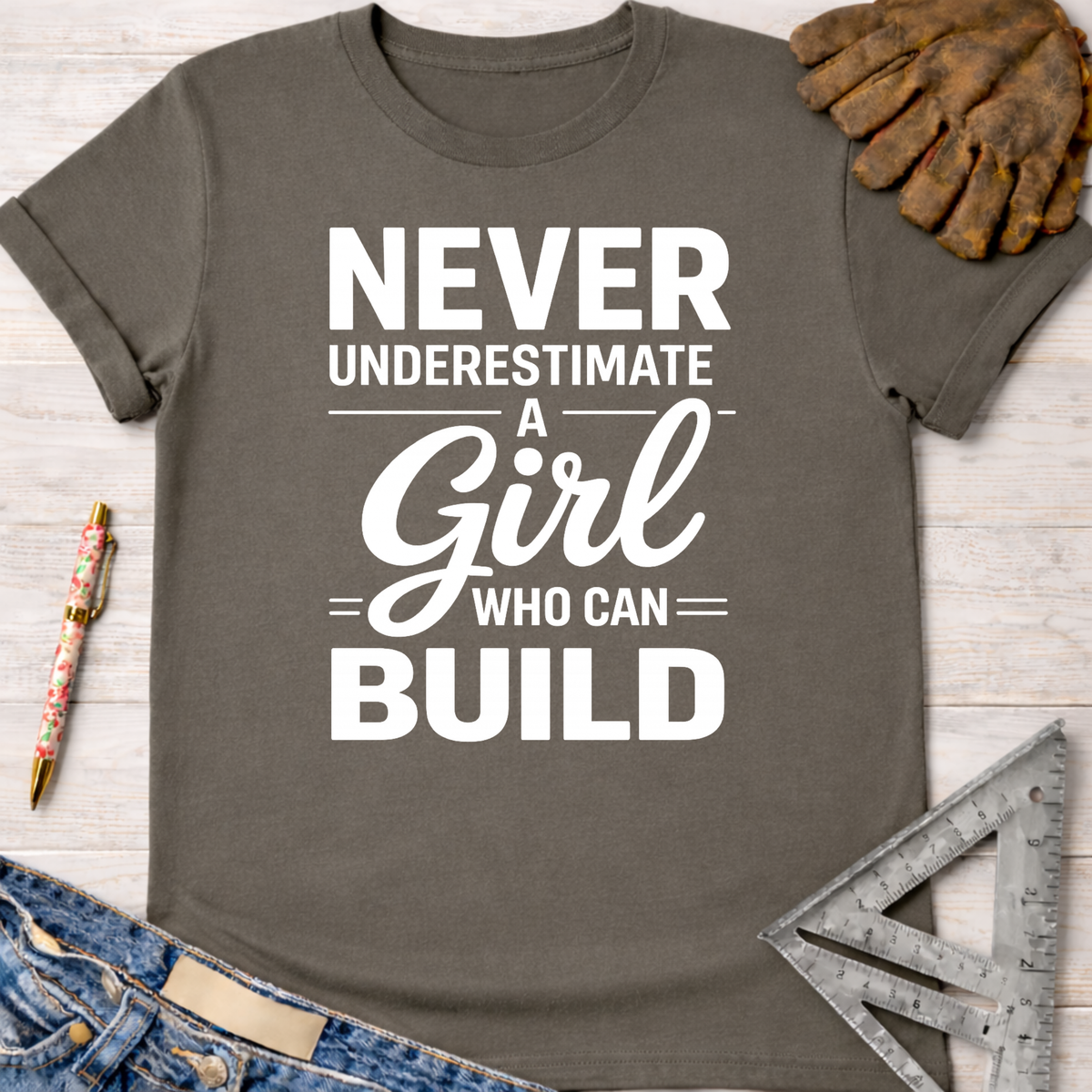 Women's funny woodworking graphic tee shirt for female woodworkers, makers, and DIY builders — Sawdust & Ponytails. Dark gray cotton tee with "Never Underestimate A Girl Who Can Build" in white text.