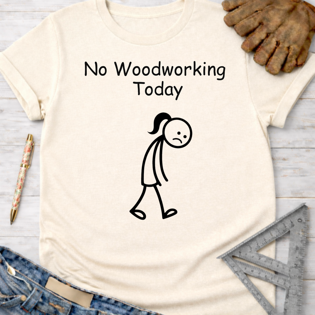 Women's funny woodworking graphic tee shirt for female woodworkers, makers, and DIY builders — Sawdust & Ponytails. Cream t-shirt with "No Woodworking Today" and a tired stick figure.