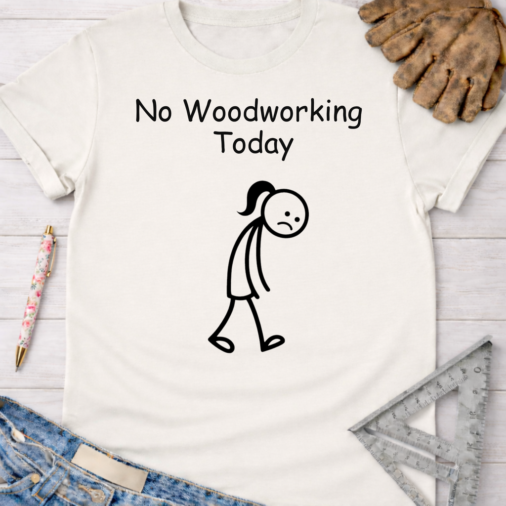 White cotton "No Woodworking Today" tee with a sad stick figure, for female woodworkers, makers, DIY builders — Sawdust & Ponytails.