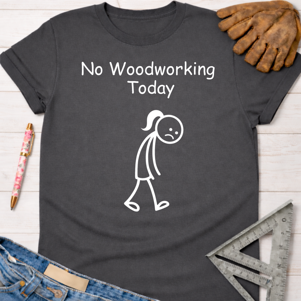 Charcoal gray cotton tee with "No Woodworking Today" and a sad stick figure woman. Women's funny woodworking graphic tee shirt for female woodworkers, makers, and DIY builders — Sawdust & Ponytails.
