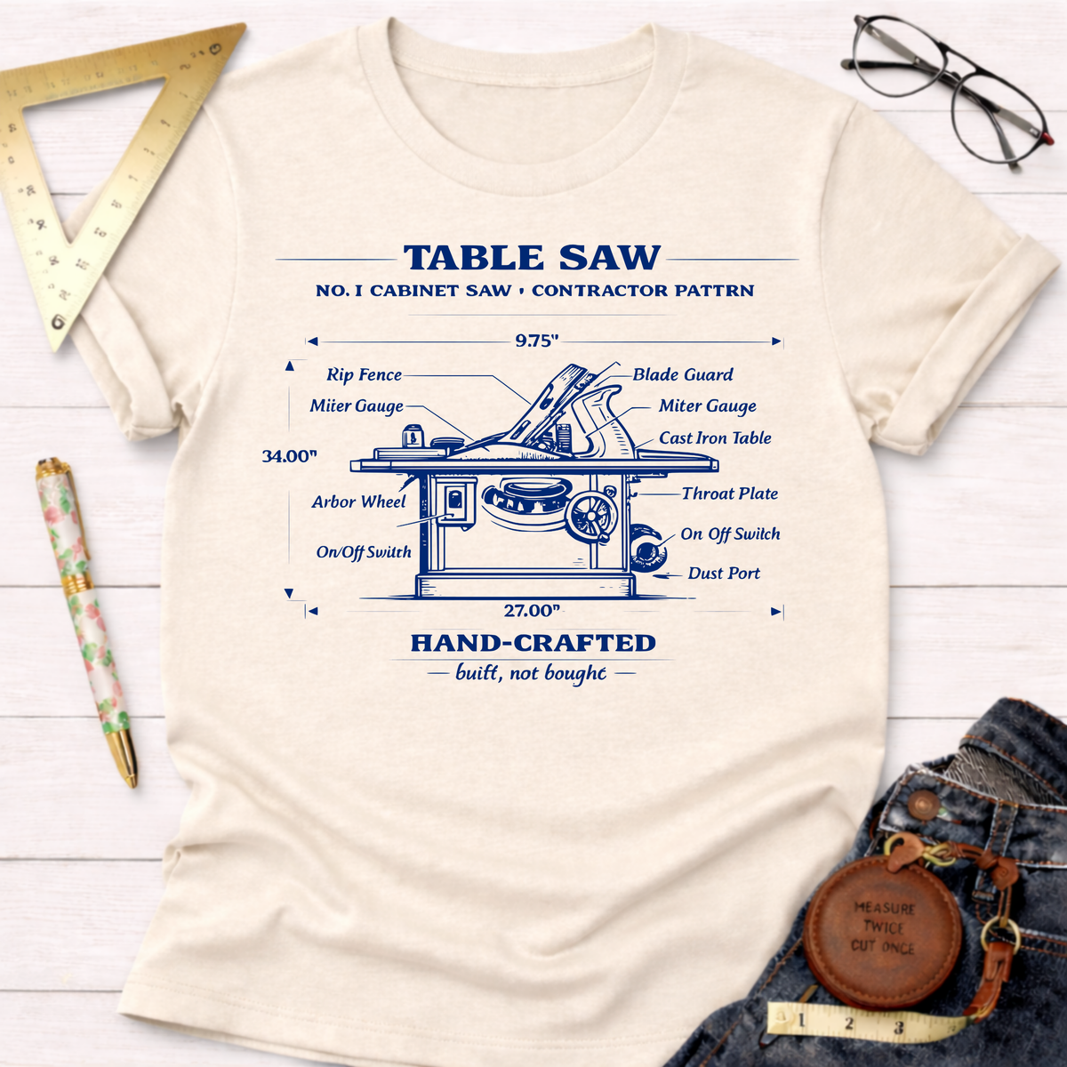 Cream cotton t-shirt with blue vintage table saw blueprint graphic. Women's funny woodworking graphic tee shirt for female woodworkers, makers, and DIY builders — Sawdust & Ponytails