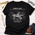 Black cotton t-shirt with a white vintage table saw blueprint graphic. Women's funny woodworking graphic tee shirt for female woodworkers, makers, and DIY builders — Sawdust & Ponytails