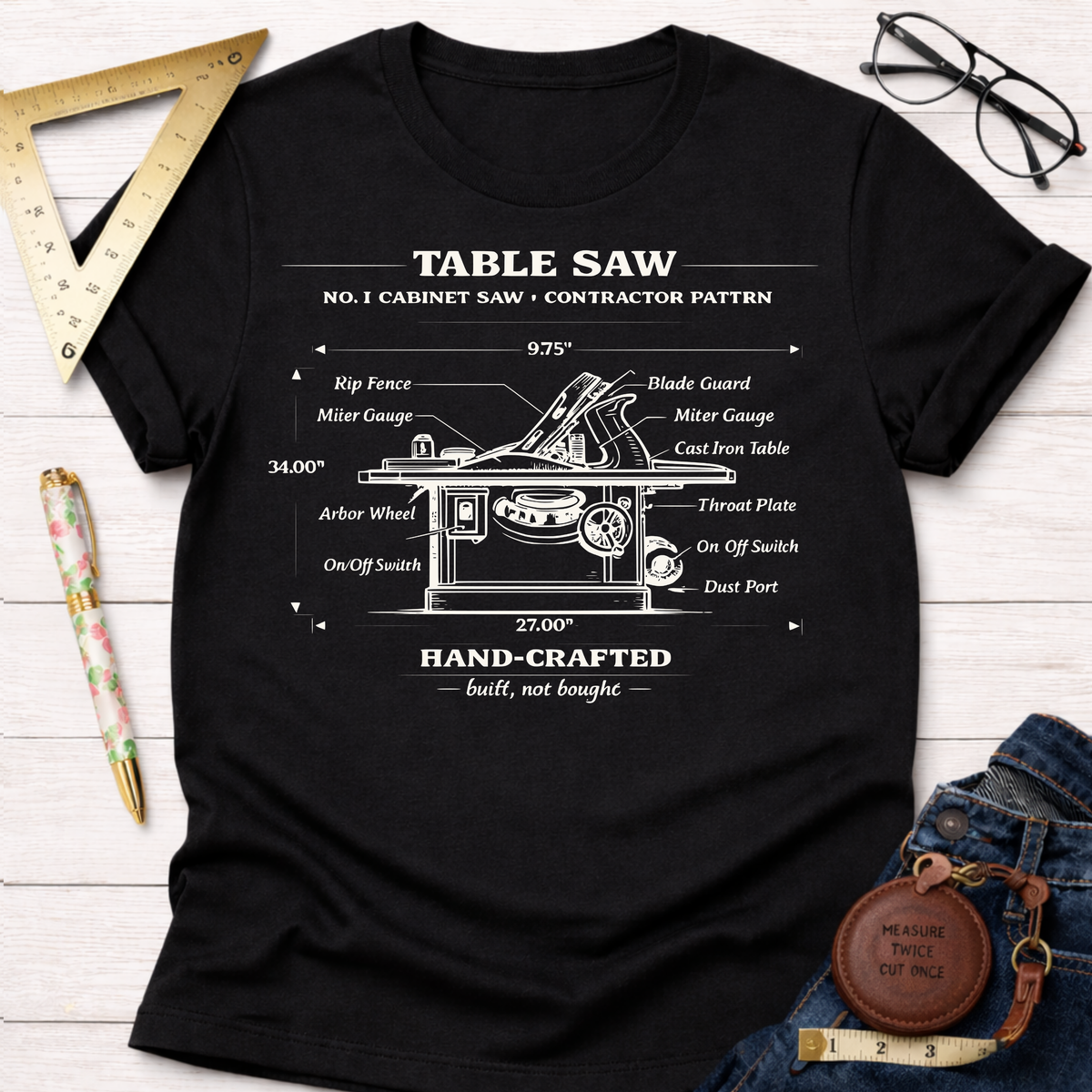 Black cotton t-shirt with a white vintage table saw blueprint graphic. Women's funny woodworking graphic tee shirt for female woodworkers, makers, and DIY builders — Sawdust & Ponytails